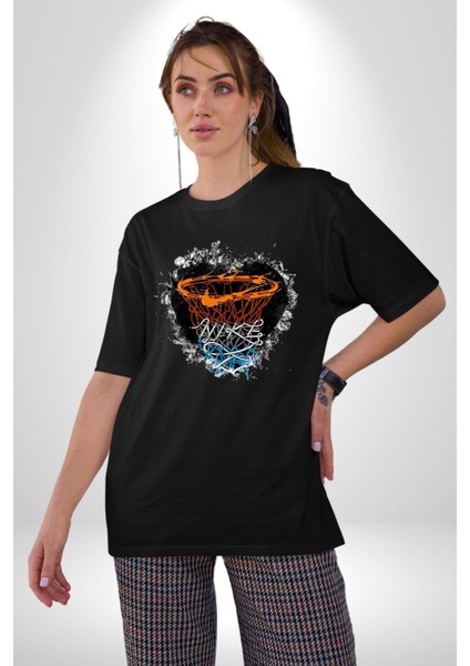 Basketbol Potası Bulutlu Siyah Pamuklu Bisiklet Yaka Kadın Erkek Oversize Boyfriend Dijital Baskılı Siyah T-Shirt fırsatları