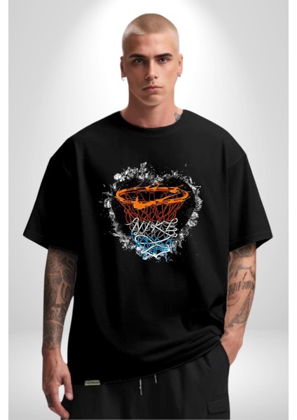 Basketbol Potası Bulutlu Siyah Pamuklu Bisiklet Yaka Kadın Erkek Oversize Boyfriend Dijital Baskılı Siyah T-Shirt indirimleri