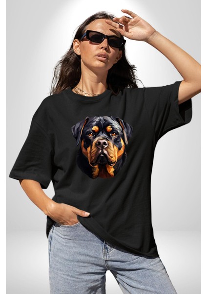 Rottweiler Kafası Pamuklu Bisiklet Yaka Kadın Erkek Oversize Boyfriend Dijital Baskılı Siyah T-Shirt