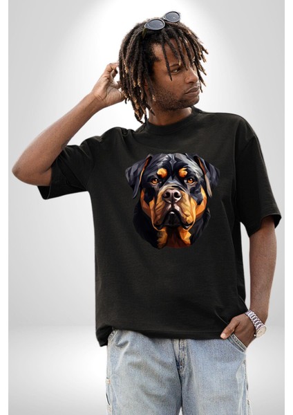 Rottweiler Kafası Pamuklu Bisiklet Yaka Kadın Erkek Oversize Boyfriend Dijital Baskılı Siyah T-Shirt fiyatları