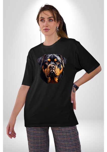 Rottweiler Kafası Pamuklu Bisiklet Yaka Kadın Erkek Oversize Boyfriend Dijital Baskılı Siyah T-Shirt indirimleri