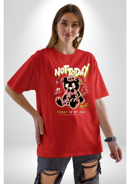 Bugün Değil Pamuklu Bisiklet Yaka Kadın Erkek Oversize Boyfriend Dijital Baskılı Kırmızı T-Shirt