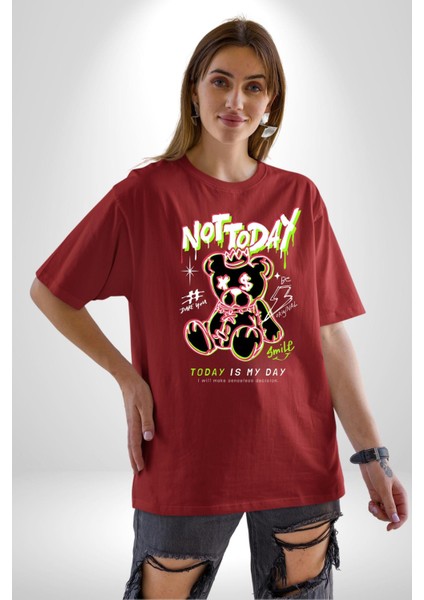Bugün Değil Pamuklu Bisiklet Yaka Kadın Erkek Oversize Boyfriend Dijital Baskılı Kırmızı T-Shirt