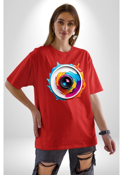 Fotoğraf Makinesi Camera Lens Pamuklu Bisiklet Yaka Kadın Erkek Oversize Boyfriend Dijital Baskılı Kırmızı T-Shirt indirimleri
