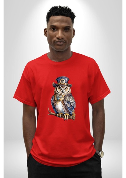 Şapkalı Amerikalı Baykuş Burjuva Baykuş Pamuklu Bisiklet Yaka Kadın Erkek Oversize Boyfriend Dijital Baskılı Kırmızı T-Shirt modelleri