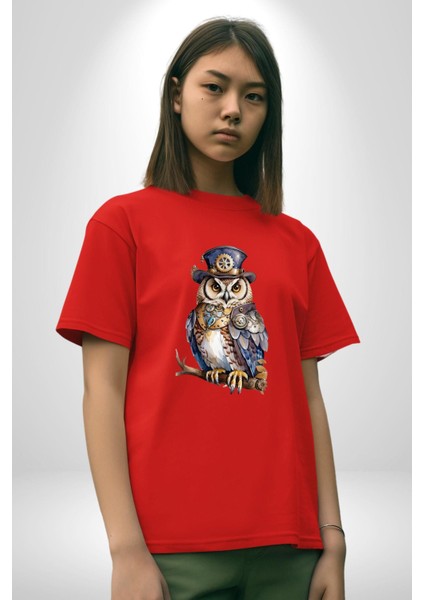 Şapkalı Amerikalı Baykuş Burjuva Baykuş Pamuklu Bisiklet Yaka Kadın Erkek Oversize Boyfriend Dijital Baskılı Kırmızı T-Shirt fırsatları