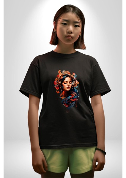 Müzik Dinleyen Kulaklık Yaprak Saçlı Renkli Pamuklu Bisiklet Yaka Kadın Erkek Oversize Boyfriend Dijital Baskılı Siyah T-Shirt modelleri