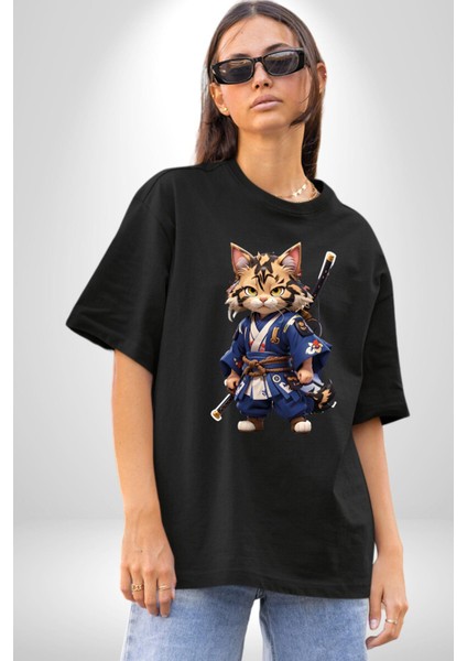 Japon Samuray Kılınç Pamuklu Bisiklet Yaka Kadın Erkek Oversize Boyfriend Dijital Baskılı Siyah T-Shirt