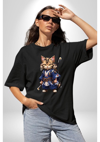 Japon Samuray Kılınç Pamuklu Bisiklet Yaka Kadın Erkek Oversize Boyfriend Dijital Baskılı Siyah T-Shirt fiyatları