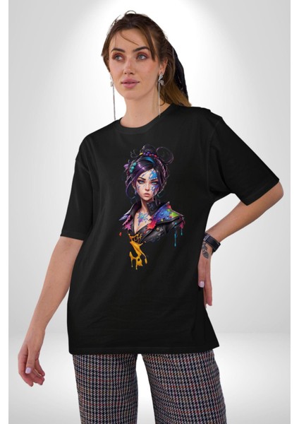 Süper Robot Kız Sulu Boya Pamuklu Bisiklet Yaka Kadın Erkek Oversize Boyfriend Dijital Baskılı Siyah T-Shirt