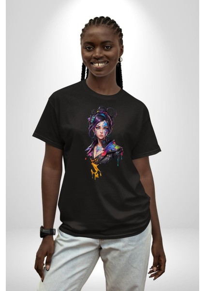 Süper Robot Kız Sulu Boya Pamuklu Bisiklet Yaka Kadın Erkek Oversize Boyfriend Dijital Baskılı Siyah T-Shirt modelleri