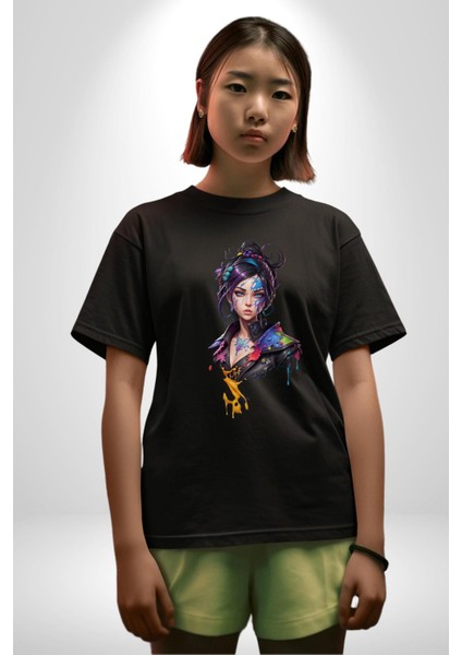 Süper Robot Kız Sulu Boya Pamuklu Bisiklet Yaka Kadın Erkek Oversize Boyfriend Dijital Baskılı Siyah T-Shirt indirimleri