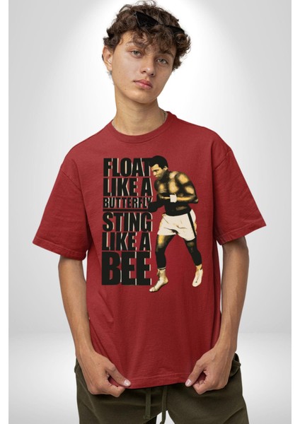 Kelebek Gibi Uçar Arı Gibi Sokarım Ali Boks Pamuklu Bisiklet Yaka Kadın Erkek Oversize Boyfriend Dijital Baskılı Kırmızı T-Shirt modelleri