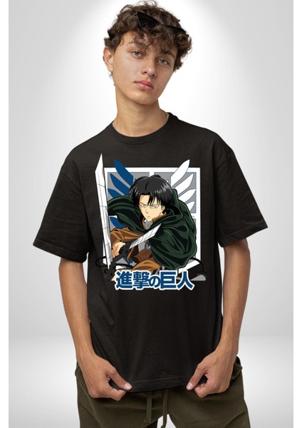 Anime Levi Ackerman Beyaz ve Siyah Kanatlar Pamuklu Bisiklet Yaka Kadın Erkek Oversize Boyfriend Dijital Baskılı Siyah T-Shirt
