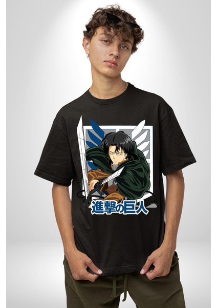 Anime Levi Ackerman Beyaz ve Siyah Kanatlar Pamuklu Bisiklet Yaka Kadın Erkek Oversize Boyfriend Dijital Baskılı Siyah T-Shirt fiyatları