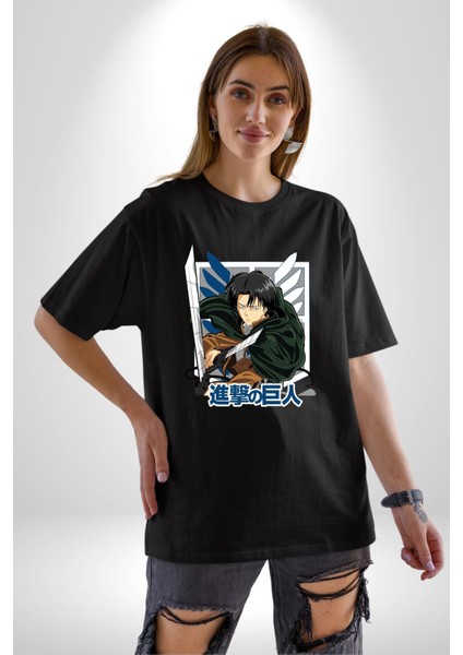 Anime Levi Ackerman Beyaz ve Siyah Kanatlar Pamuklu Bisiklet Yaka Kadın Erkek Oversize Boyfriend Dijital Baskılı Siyah T-Shirt modelleri