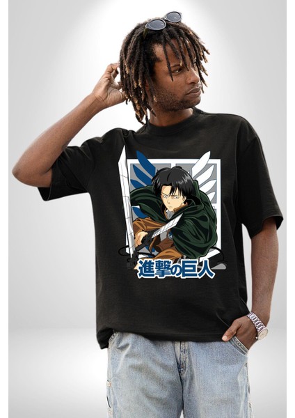 Anime Levi Ackerman Beyaz ve Siyah Kanatlar Pamuklu Bisiklet Yaka Kadın Erkek Oversize Boyfriend Dijital Baskılı Siyah T-Shirt fırsatları