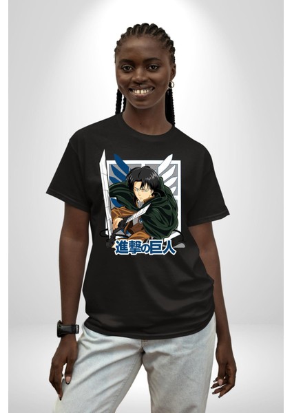 Anime Levi Ackerman Beyaz ve Siyah Kanatlar Pamuklu Bisiklet Yaka Kadın Erkek Oversize Boyfriend Dijital Baskılı Siyah T-Shirt indirimleri