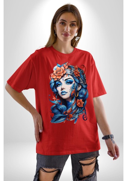 Kızlar Modası Dövme Çiçek Pamuklu Bisiklet Yaka Kadın Erkek Oversize Boyfriend Dijital Baskılı Kırmızı T-Shirt