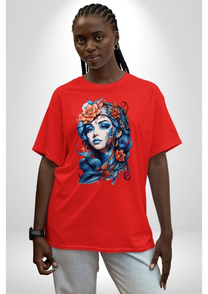 Kızlar Modası Dövme Çiçek Pamuklu Bisiklet Yaka Kadın Erkek Oversize Boyfriend Dijital Baskılı Kırmızı T-Shirt fiyatları