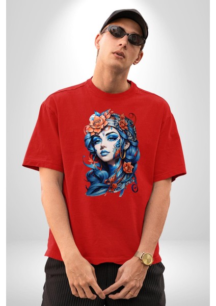 Kızlar Modası Dövme Çiçek Pamuklu Bisiklet Yaka Kadın Erkek Oversize Boyfriend Dijital Baskılı Kırmızı T-Shirt modelleri