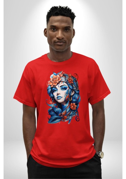 Kızlar Modası Dövme Çiçek Pamuklu Bisiklet Yaka Kadın Erkek Oversize Boyfriend Dijital Baskılı Kırmızı T-Shirt fırsatları