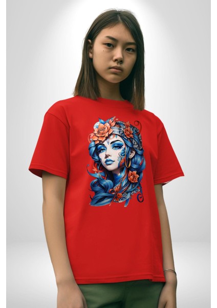 Kızlar Modası Dövme Çiçek Pamuklu Bisiklet Yaka Kadın Erkek Oversize Boyfriend Dijital Baskılı Kırmızı T-Shirt indirimleri