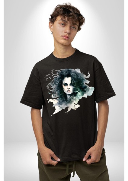 Bellatrix Lestrange Harry Potter Pamuklu Bisiklet Yaka Kadın Erkek Oversize Boyfriend Dijital Baskılı Siyah T-Shirt