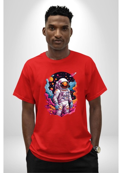 Ay Mars Astronot Pamuklu Bisiklet Yaka Kadın Erkek Oversize Boyfriend Dijital Baskılı Kırmızı T-Shirt