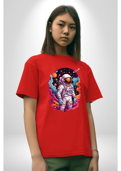 Ay Mars Astronot Pamuklu Bisiklet Yaka Kadın Erkek Oversize Boyfriend Dijital Baskılı Kırmızı T-Shirt fiyatları