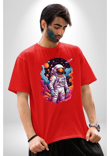 Ay Mars Astronot Pamuklu Bisiklet Yaka Kadın Erkek Oversize Boyfriend Dijital Baskılı Kırmızı T-Shirt modelleri