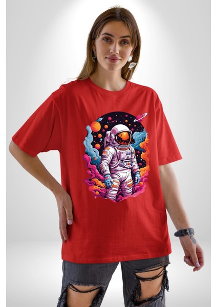 Ay Mars Astronot Pamuklu Bisiklet Yaka Kadın Erkek Oversize Boyfriend Dijital Baskılı Kırmızı T-Shirt fırsatları