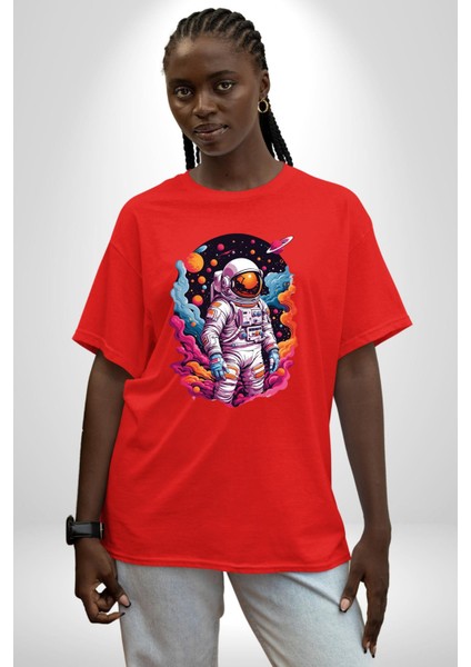 Ay Mars Astronot Pamuklu Bisiklet Yaka Kadın Erkek Oversize Boyfriend Dijital Baskılı Kırmızı T-Shirt indirimleri