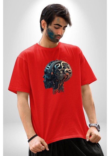 Robot Kafası Kız Pamuklu Bisiklet Yaka Kadın Erkek Oversize Boyfriend Dijital Baskılı Kırmızı T-Shirt
