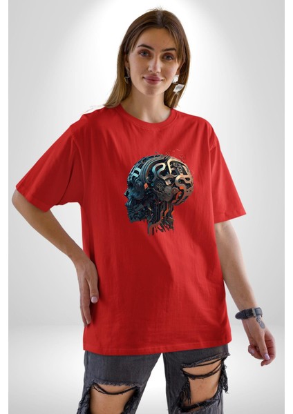 Robot Kafası Kız Pamuklu Bisiklet Yaka Kadın Erkek Oversize Boyfriend Dijital Baskılı Kırmızı T-Shirt fiyatları
