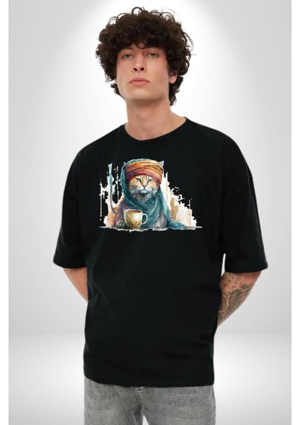 Türk Kahvesi Kedi Pamuklu Bisiklet Yaka Kadın Erkek Oversize Boyfriend Dijital Baskılı Siyah T-Shirt