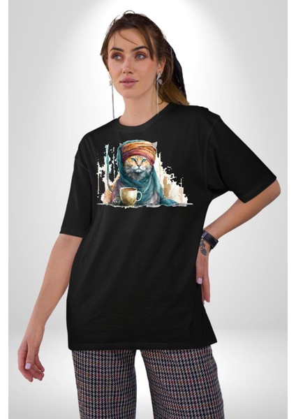 Türk Kahvesi Kedi Pamuklu Bisiklet Yaka Kadın Erkek Oversize Boyfriend Dijital Baskılı Siyah T-Shirt modelleri