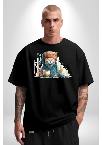 Türk Kahvesi Kedi Pamuklu Bisiklet Yaka Kadın Erkek Oversize Boyfriend Dijital Baskılı Siyah T-Shirt fırsatları