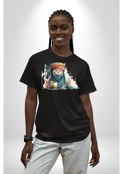 Türk Kahvesi Kedi Pamuklu Bisiklet Yaka Kadın Erkek Oversize Boyfriend Dijital Baskılı Siyah T-Shirt indirimleri