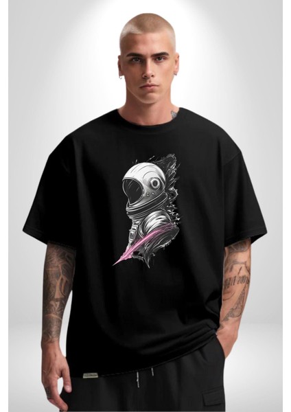 Astronot Kafası Pamuklu Bisiklet Yaka Kadın Erkek Oversize Boyfriend Dijital Baskılı Siyah T-Shirt