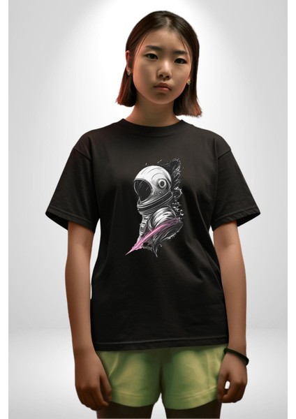 Astronot Kafası Pamuklu Bisiklet Yaka Kadın Erkek Oversize Boyfriend Dijital Baskılı Siyah T-Shirt fırsatları