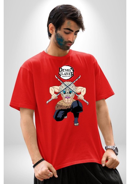 Anime Inosuke Hashibira Demon Slayer Pamuklu Bisiklet Yaka Kadın Erkek Oversize Boyfriend Dijital Baskılı Kırmızı T-Shirt