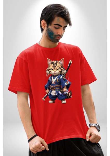 Japon Samuray Kılınç Pamuklu Bisiklet Yaka Kadın Erkek Oversize Boyfriend Dijital Baskılı Kırmızı T-Shirt