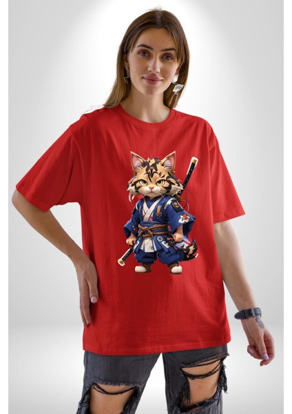 Japon Samuray Kılınç Pamuklu Bisiklet Yaka Kadın Erkek Oversize Boyfriend Dijital Baskılı Kırmızı T-Shirt fiyatları