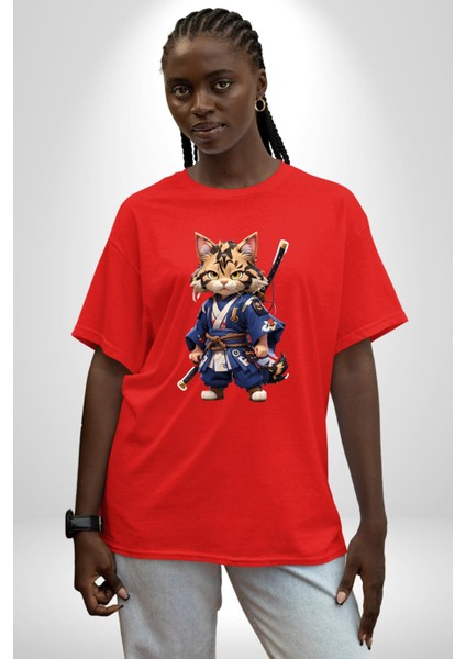 Japon Samuray Kılınç Pamuklu Bisiklet Yaka Kadın Erkek Oversize Boyfriend Dijital Baskılı Kırmızı T-Shirt modelleri