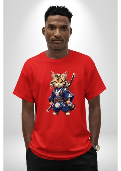 Japon Samuray Kılınç Pamuklu Bisiklet Yaka Kadın Erkek Oversize Boyfriend Dijital Baskılı Kırmızı T-Shirt indirimleri