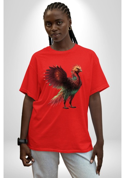 Anka Kuşu Ateş Kuşu Pamuklu Bisiklet Yaka Kadın Erkek Oversize Boyfriend Dijital Baskılı Kırmızı T-Shirt fiyatları