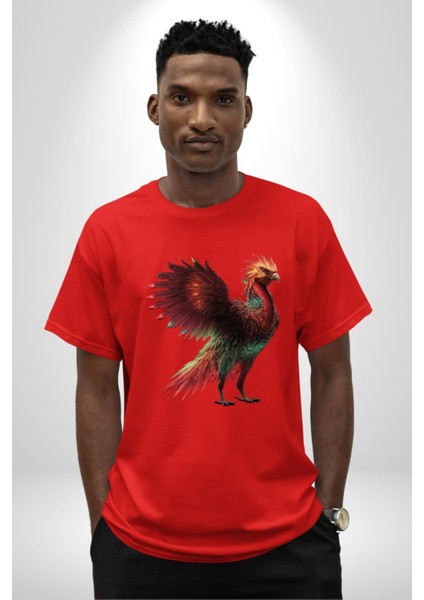 Anka Kuşu Ateş Kuşu Pamuklu Bisiklet Yaka Kadın Erkek Oversize Boyfriend Dijital Baskılı Kırmızı T-Shirt fırsatları