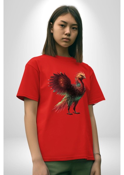 Anka Kuşu Ateş Kuşu Pamuklu Bisiklet Yaka Kadın Erkek Oversize Boyfriend Dijital Baskılı Kırmızı T-Shirt indirimleri