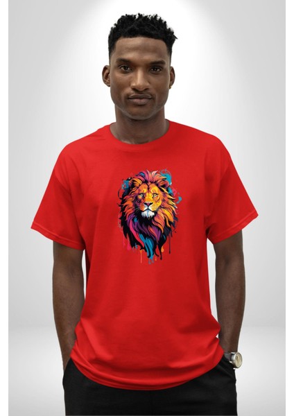Renkli Yağlı Boya Aslan Pamuklu Bisiklet Yaka Kadın Erkek Oversize Boyfriend Dijital Baskılı Kırmızı T-Shirt